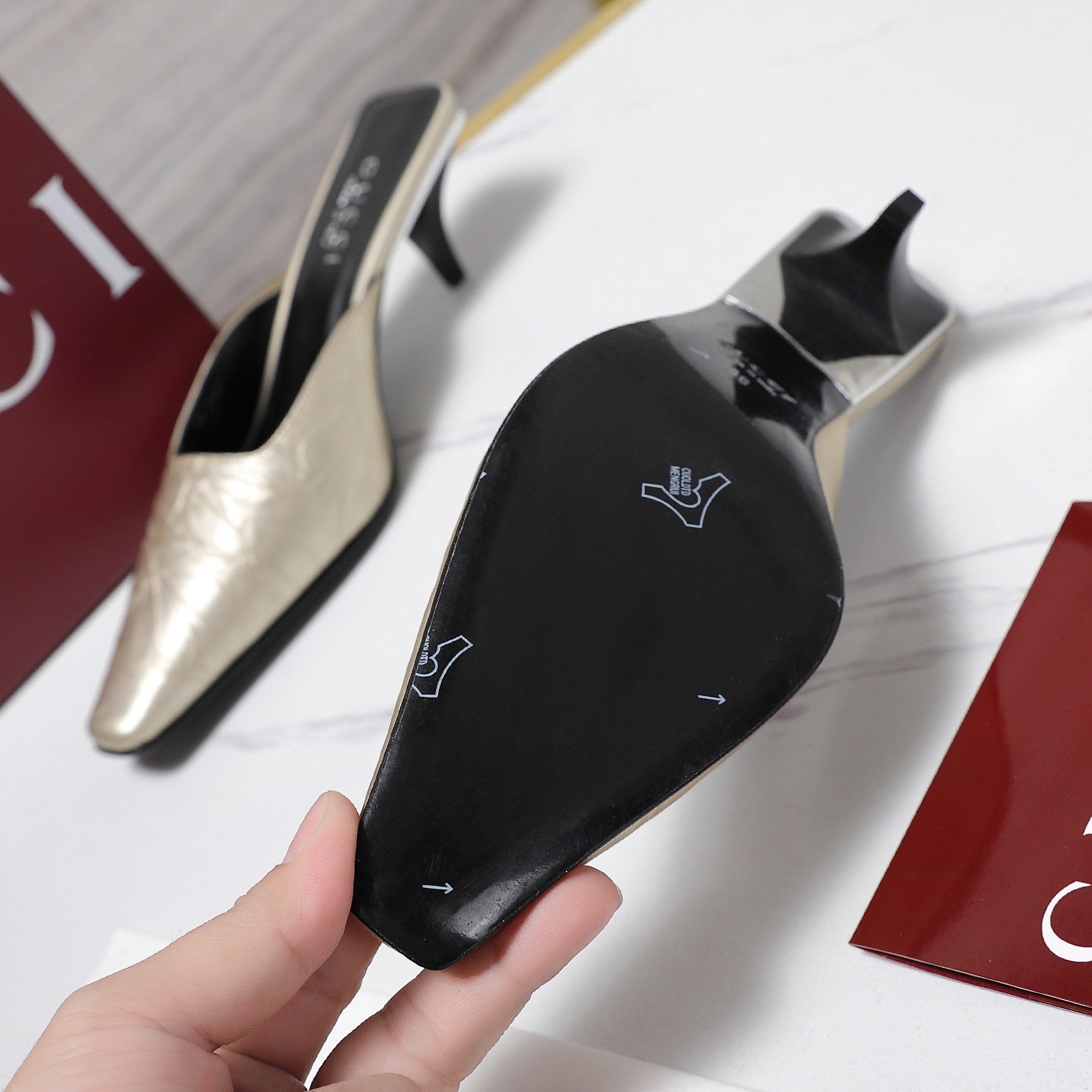 GG 26ss High Heel Mule 60 Metallic Gold Sheepskin 601083