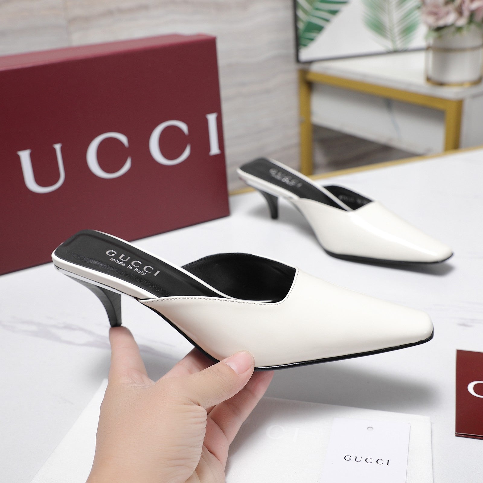 GG 26ss High Heel Mule 60 White Sheepskin 601084