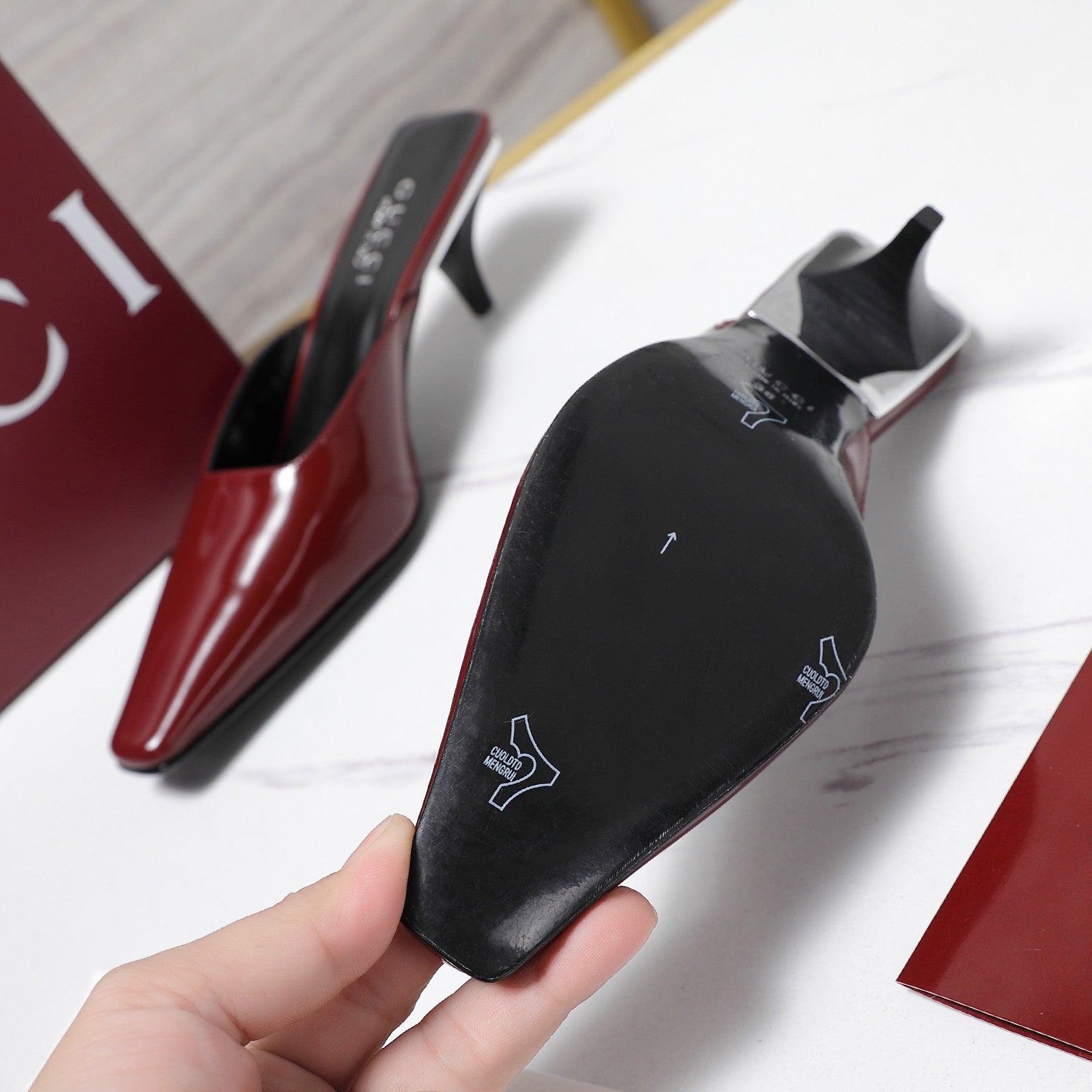 GG 26ss High Heel Mule 60 Dark Red Sheepskin 601086