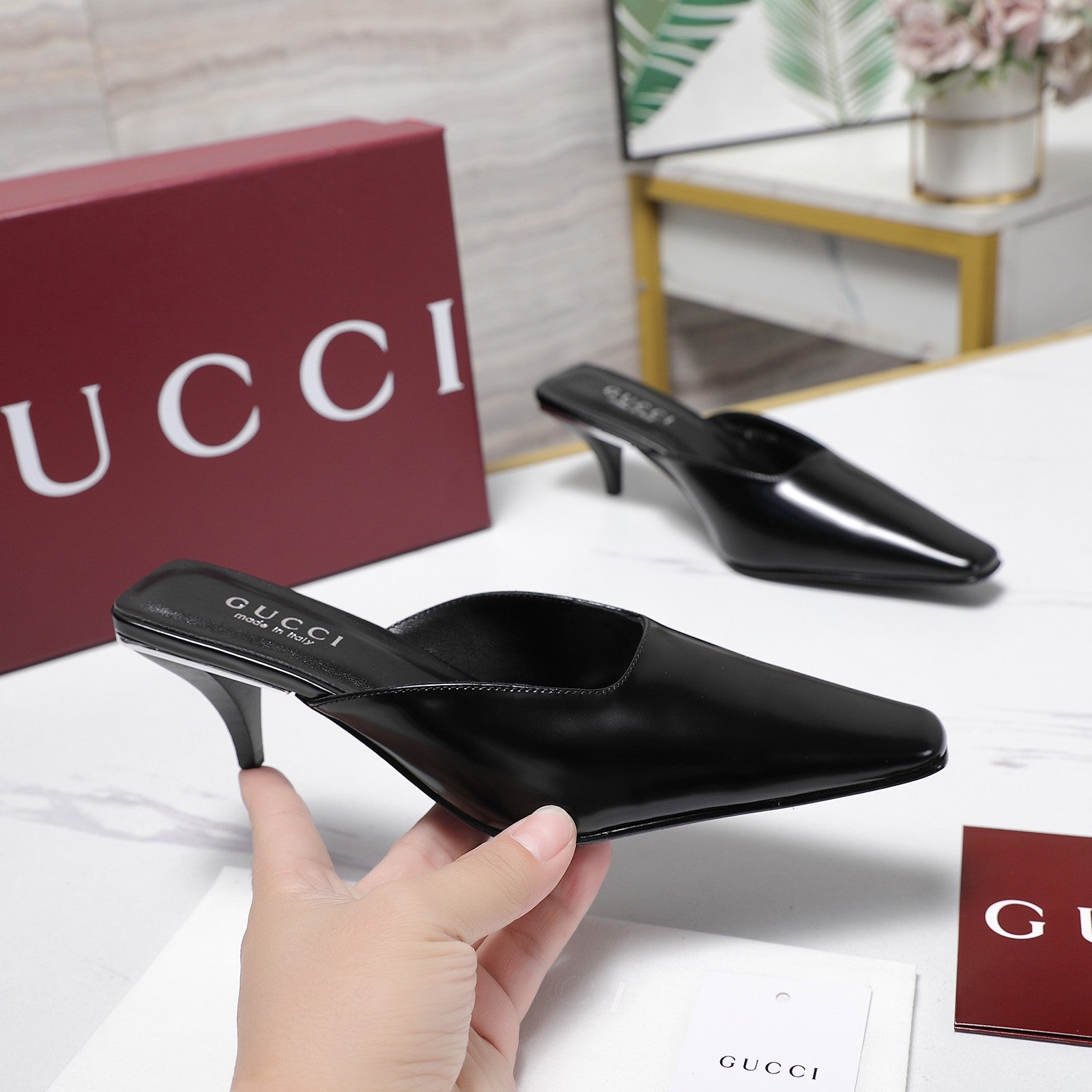 GG 26ss High Heel Mule 60 Black Sheepskin 601088