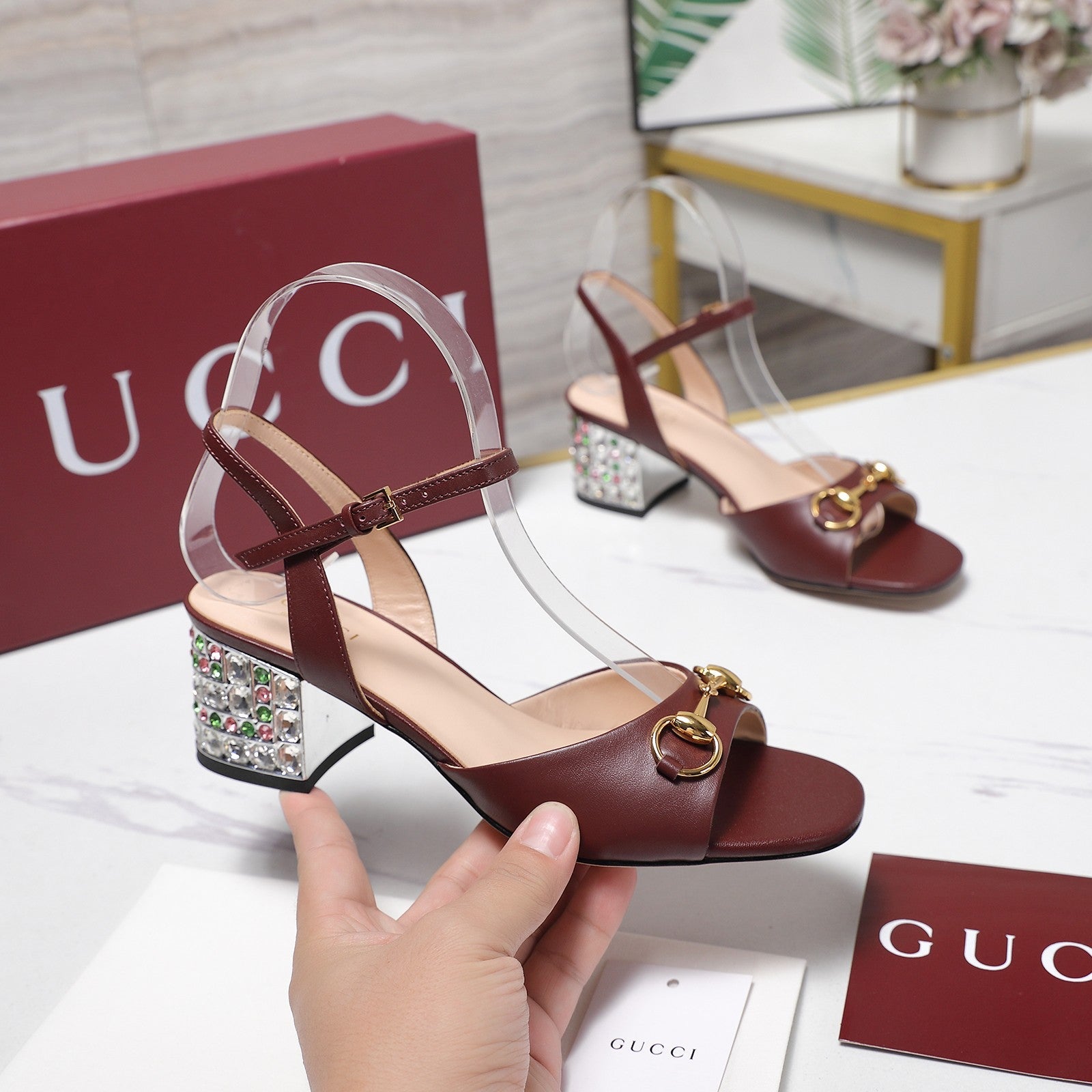 GG 26ss Sandals 55 Burgundy Beige Sheepskin 601097
