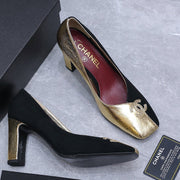 Chanel 2026 High-Heeled Pump 85mm Black-Gold Suede Sheepskin 758425