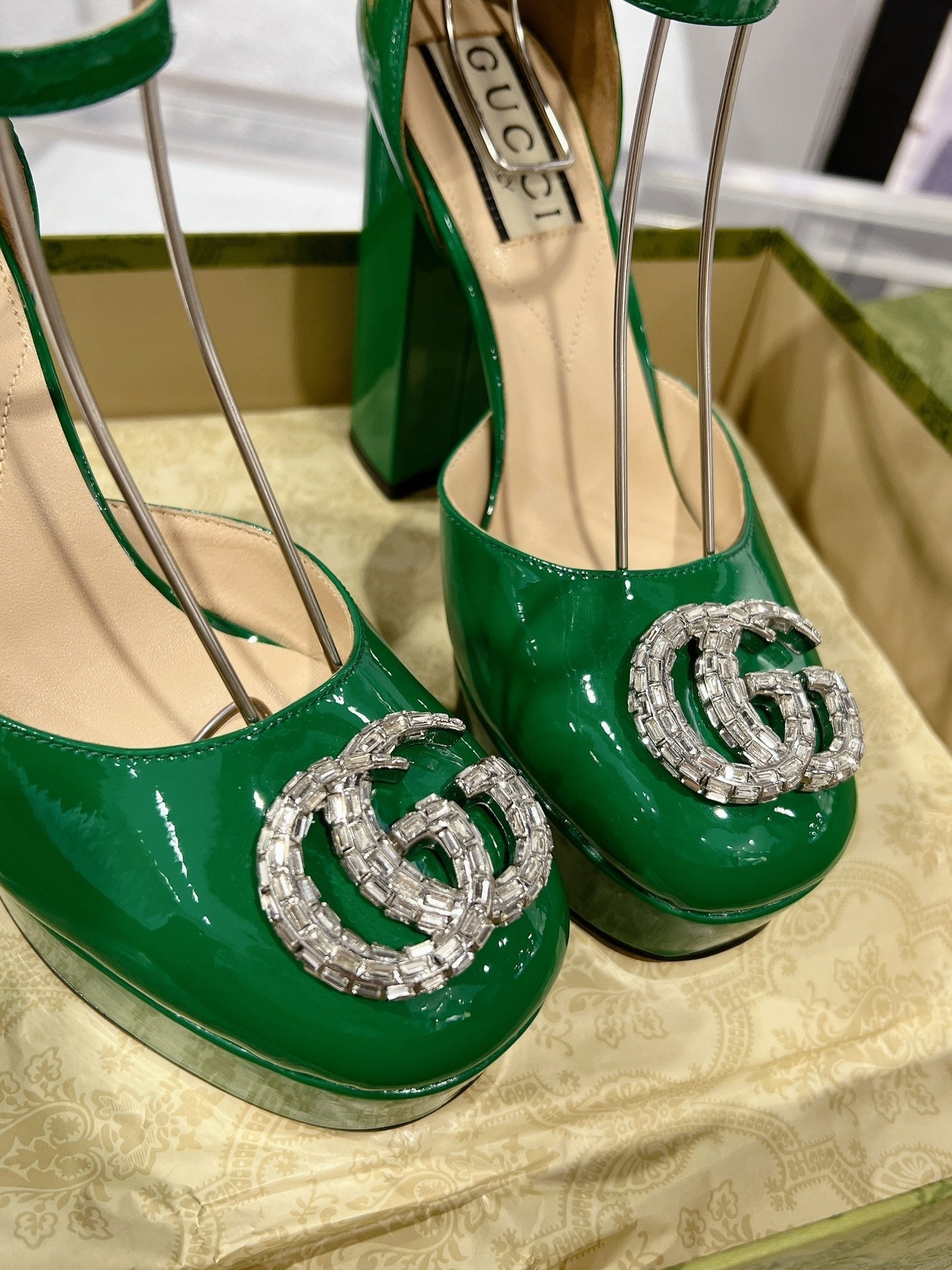HIGH SANDAL SQUARE HEEL 12 CM IN DARK GREEN CALFSKIN