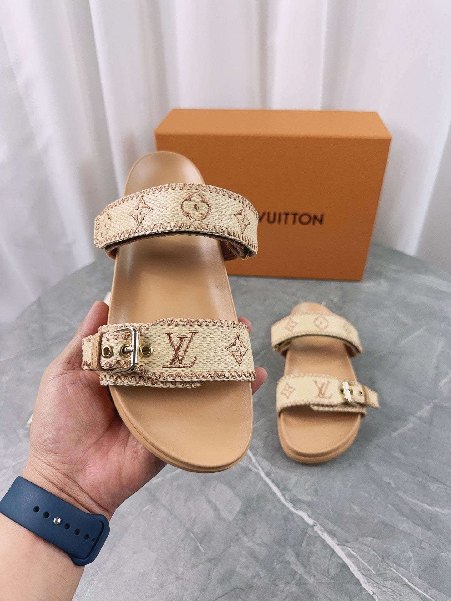 LV Sandals Dark Beige Embroidered Sedge