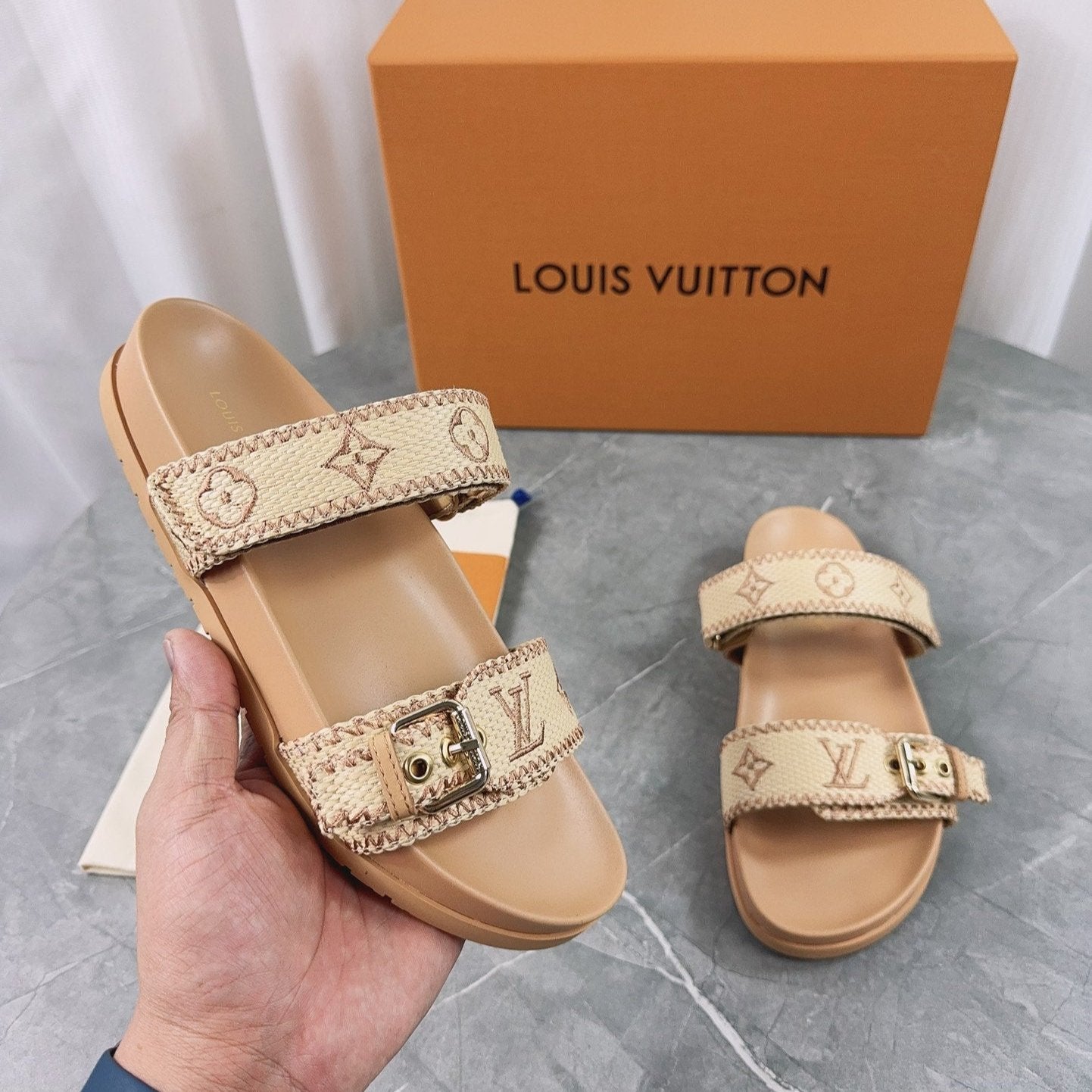 LV Sandals Dark Beige Embroidered Sedge