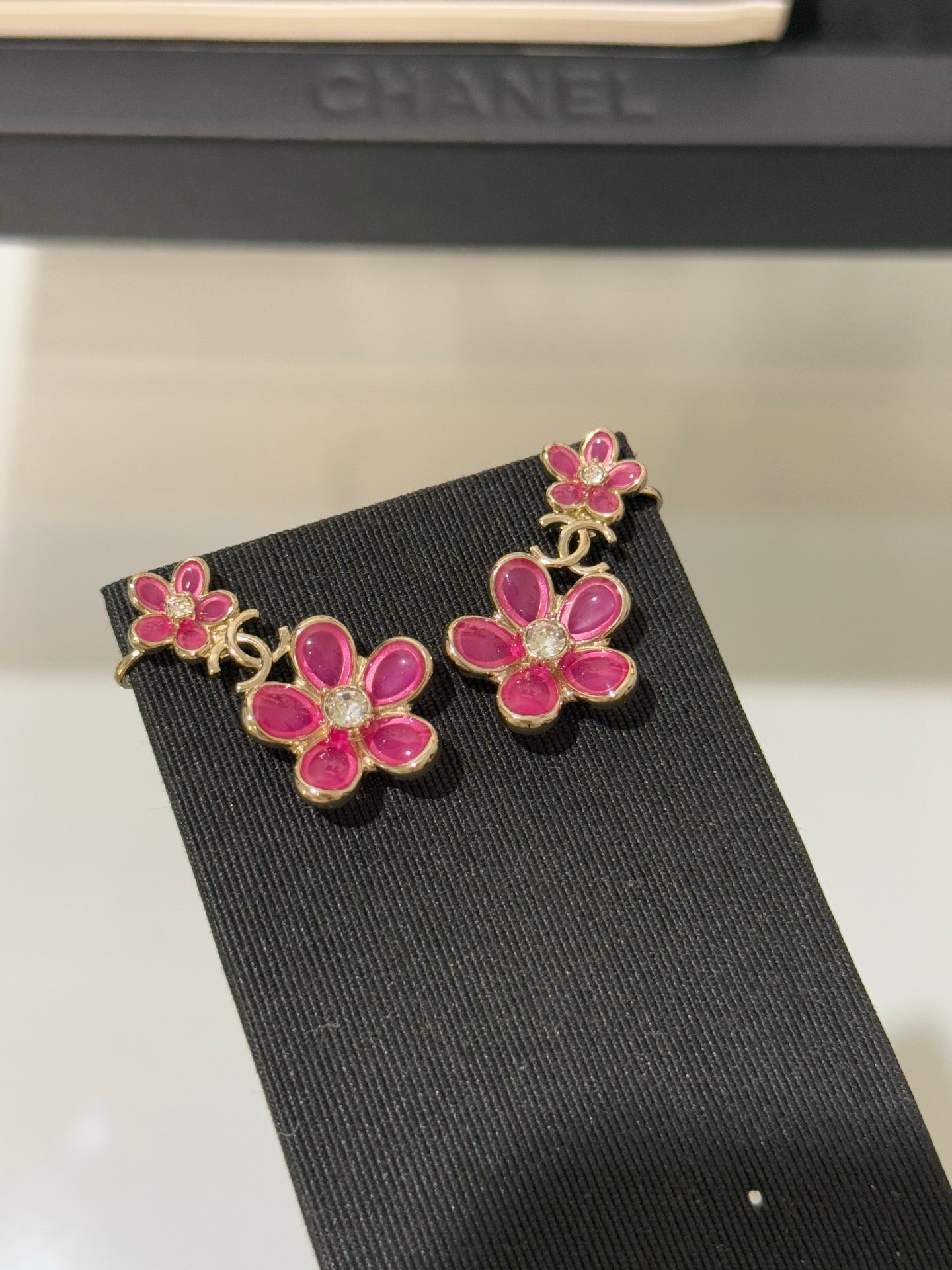 Chanel Pink Flower Crystal Rhinestone Double C Earrings