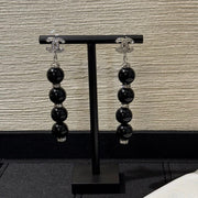 Chanel 2026 Silver Full Diamond Double C Black Bead Long Earrings