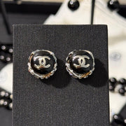 Chanel 2026 Black Enamel Bead Silver Double C Rhinestone Stud Earrings