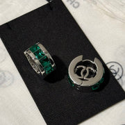 Chanel 2026 Emerald Square Diamond Silver Double C Hoop Earrings Stud Earrings