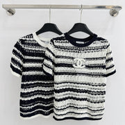 Chanel 2026 Black and White Striped Hollow-Out Knit Short-Sleeve Top Wool 330993