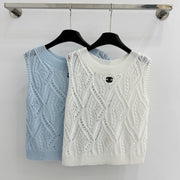 Chanel 2026 Hollow-Out Knitted Vest Blue and White Wool 336792
