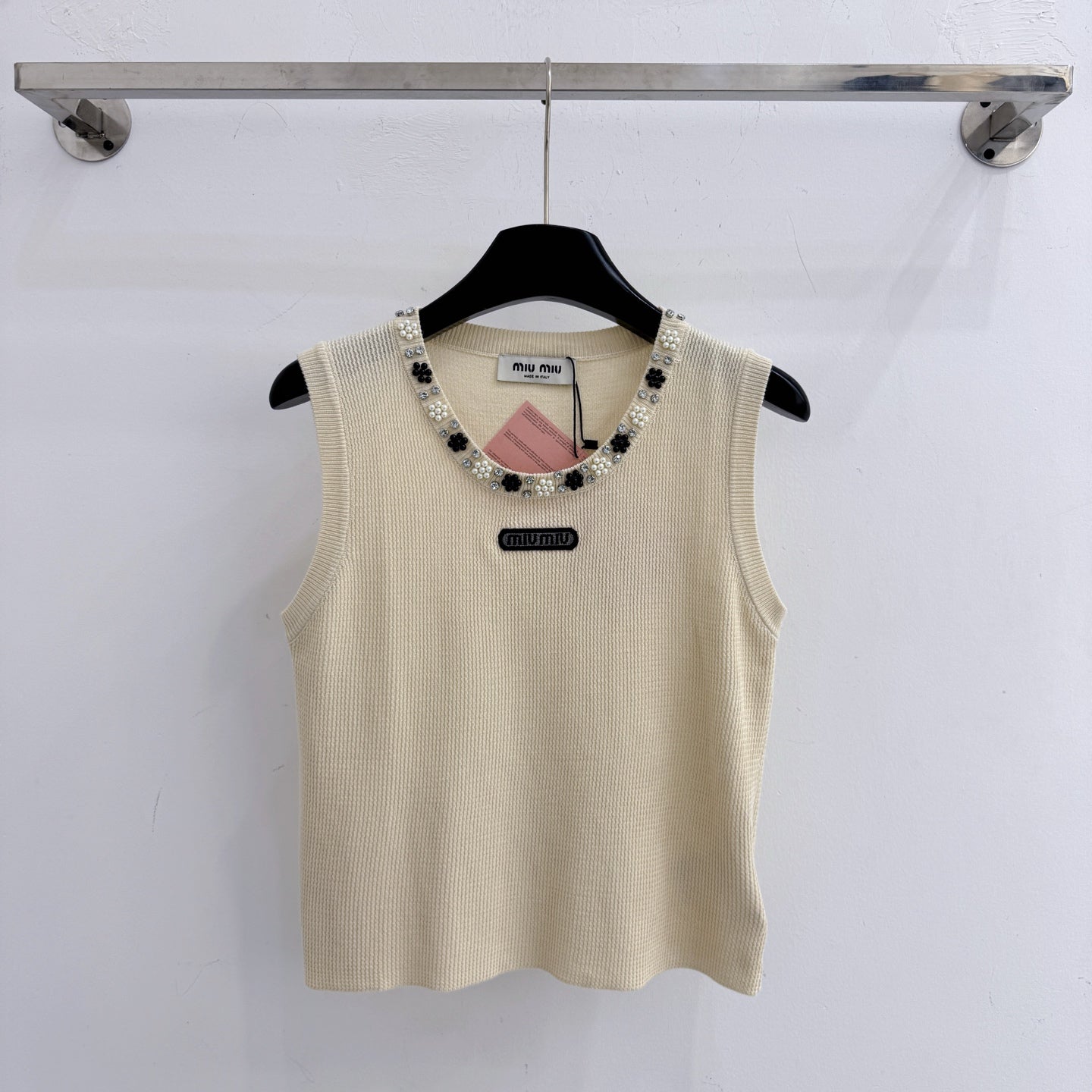Miumiu 2026 Crew Neck Beaded Knit Vest Tencel Wool 375082