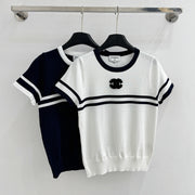 Chanel 2026 Striped Short-Sleeve Knit Top Wool Cashmere 516694