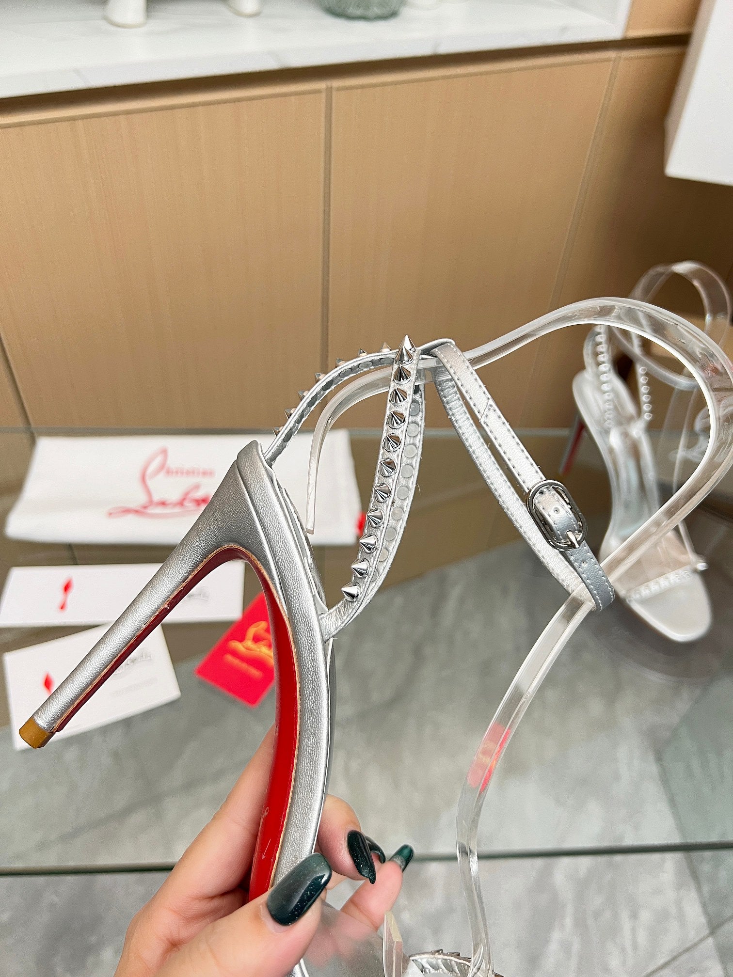 CL So Me 105 mm Strappy Sandal Silver Imported Rivets with Sheepskin 251016