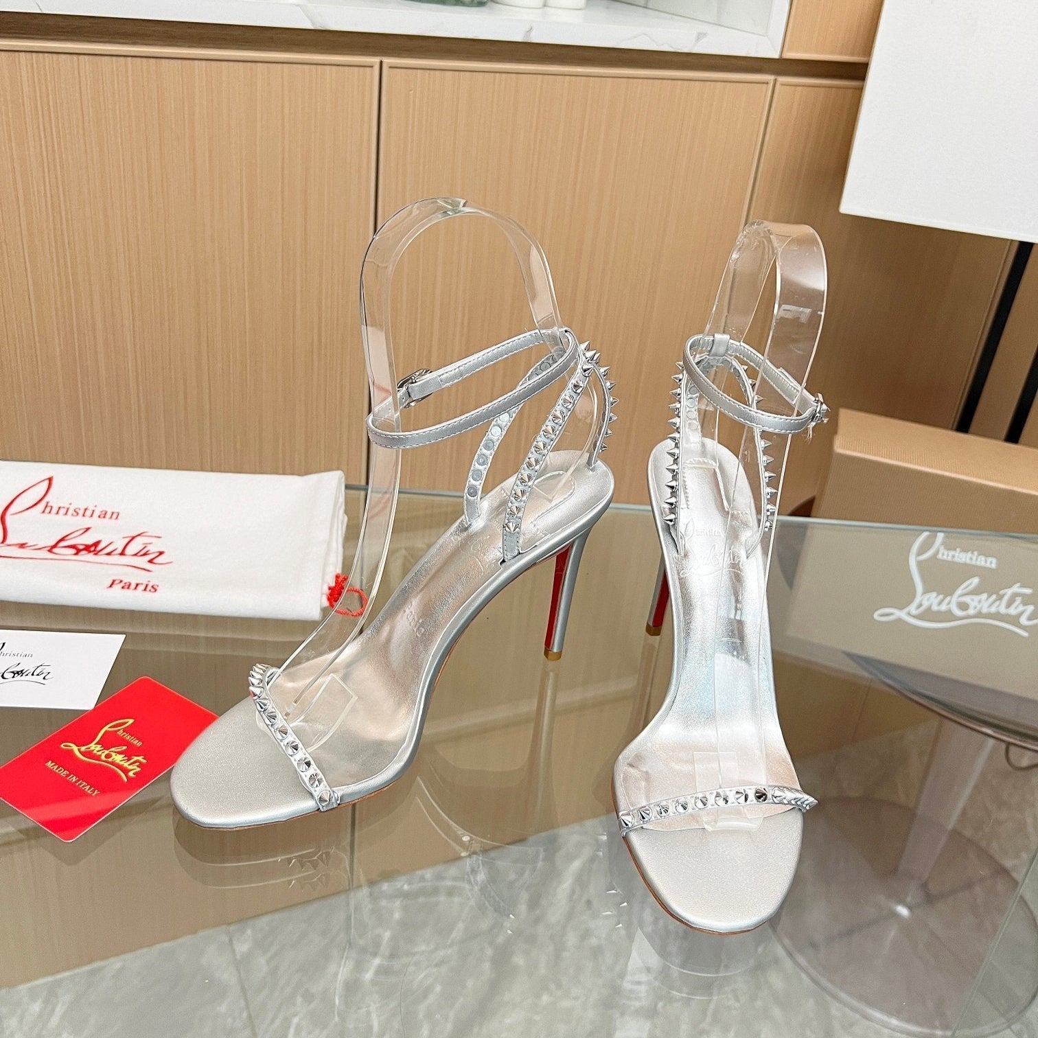 CL So Me 105 mm Strappy Sandal Silver Imported Rivets with Sheepskin 251016