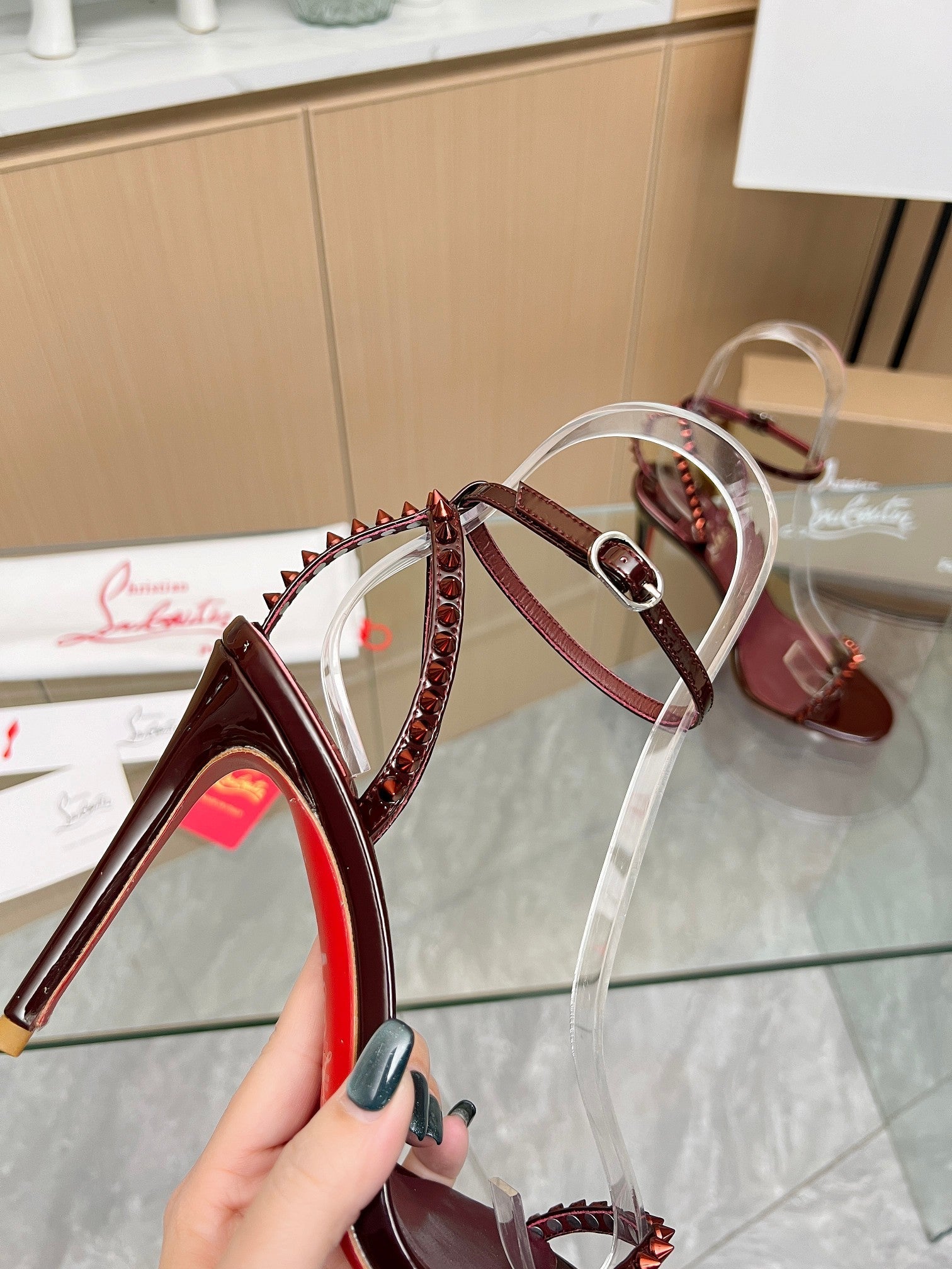 CL So Me 105 mm Strappy Sandal Dark Wine Red Imported Rivets with Sheepskin 251019