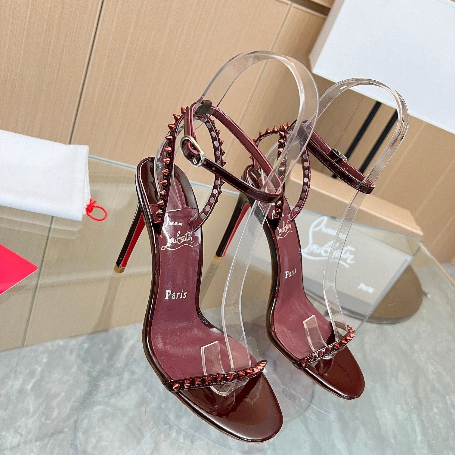 CL So Me 105 mm Strappy Sandal Dark Wine Red Imported Rivets with Sheepskin 251019