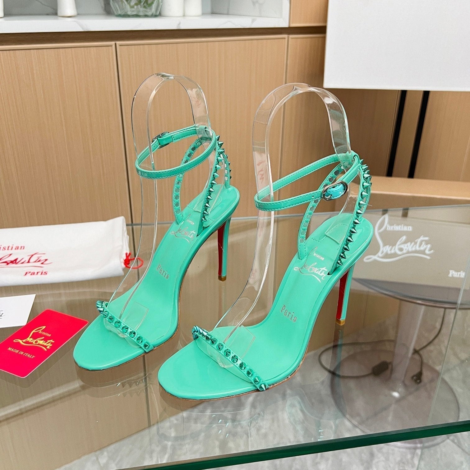 CL So Me 105 mm Strappy Sandal Grass Green Imported Rivets with Sheepskin 251020