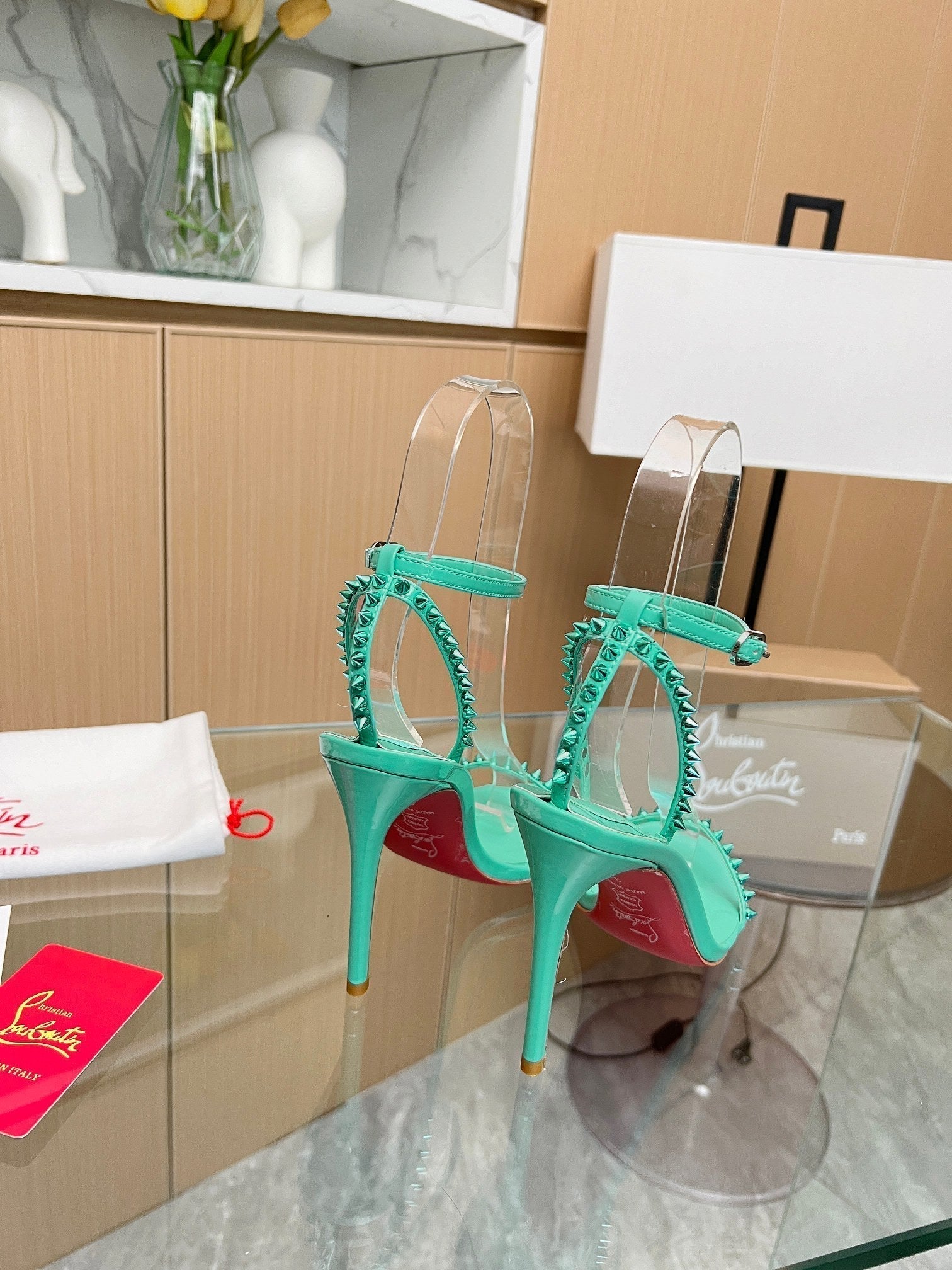 CL So Me 105 mm Strappy Sandal Grass Green Imported Rivets with Sheepskin 251020