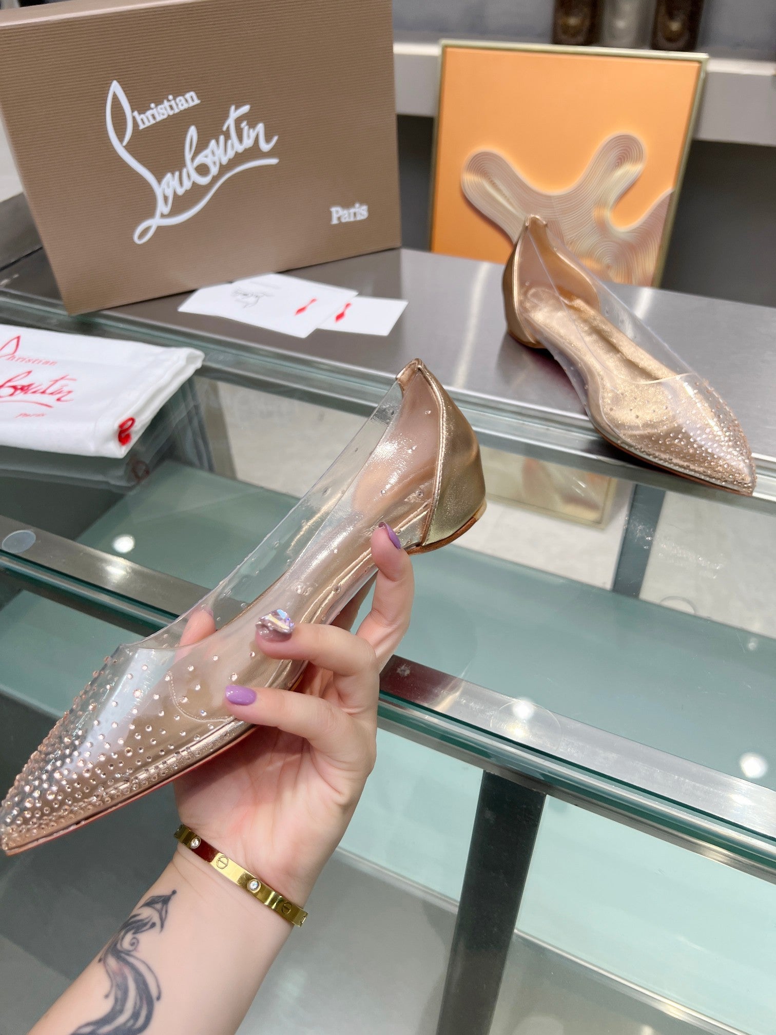 CL Degrastrass Flats Silver PVC and Strass Light Peach