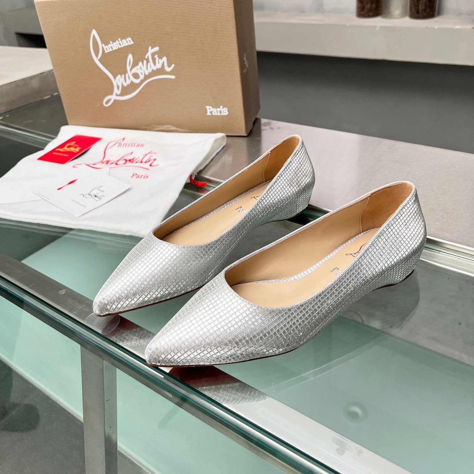 CL Kate Ballerina Flats Sequin Fabric Silver