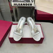 Heeled Sandals 6cm with Crystal Square Buckle Silver