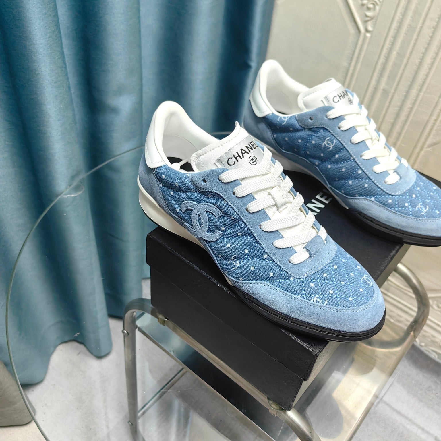 CC Sneaker Blue Quilted Denim Fabric And Suede