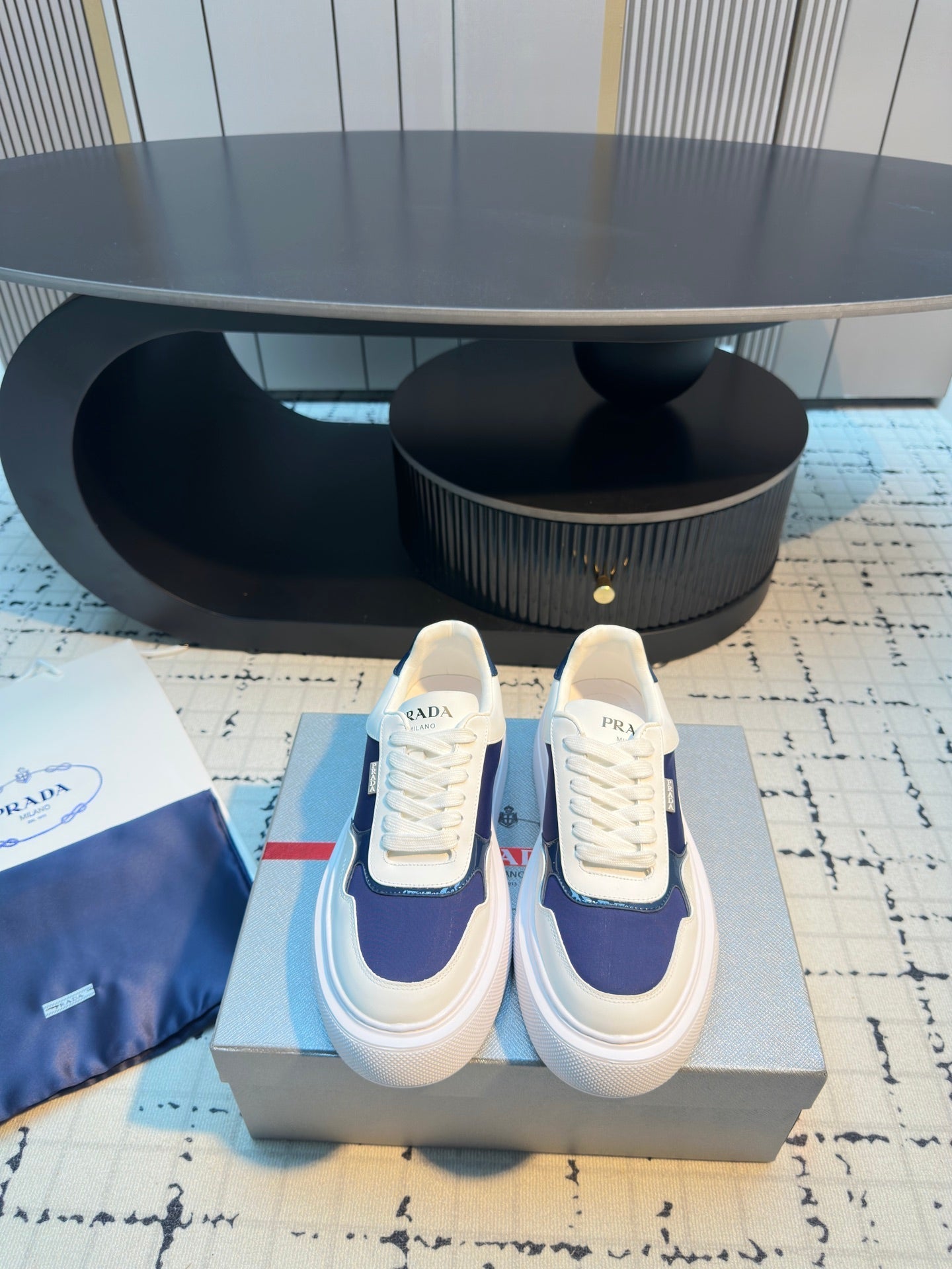 Prada 25s  Platform Sneakers White Blue Cowhide 538420
