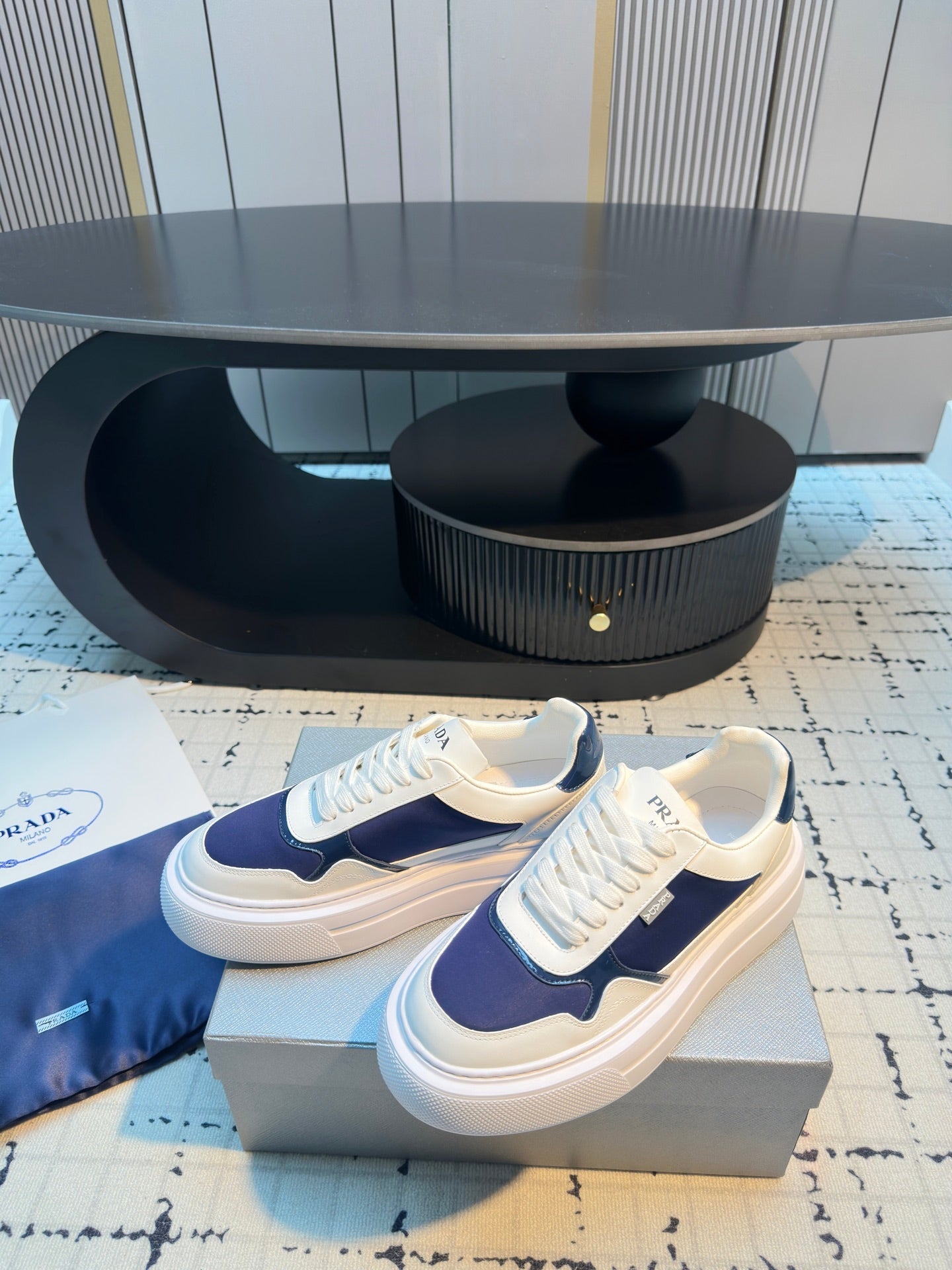 Prada 25s  Platform Sneakers White Blue Cowhide 538420