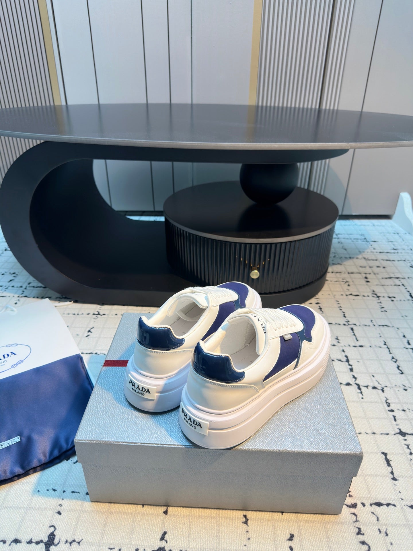 Prada 25s  Platform Sneakers White Blue Cowhide 538420