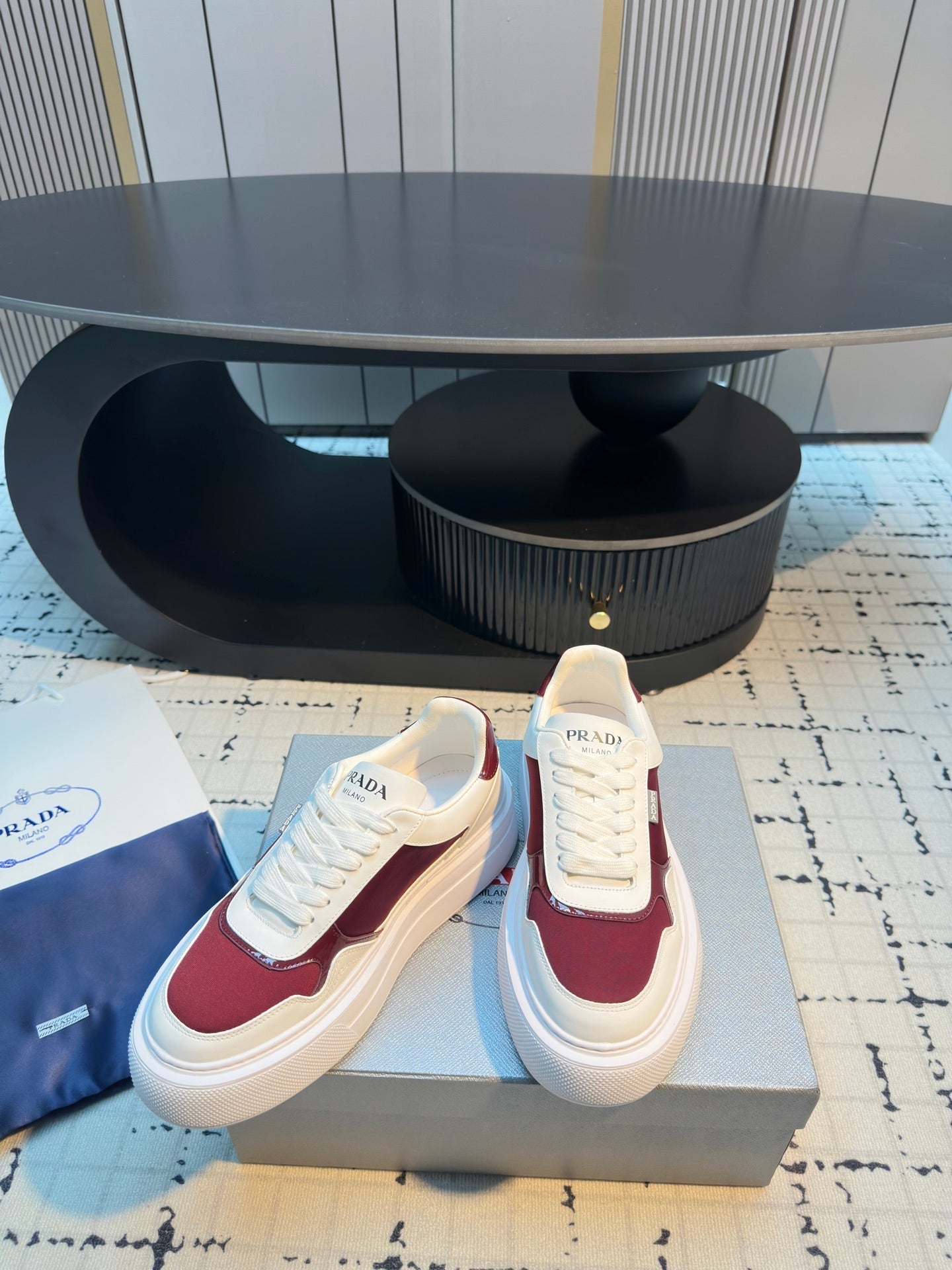 Prada 25s  Platform Sneakers White Red Cowhide 538422