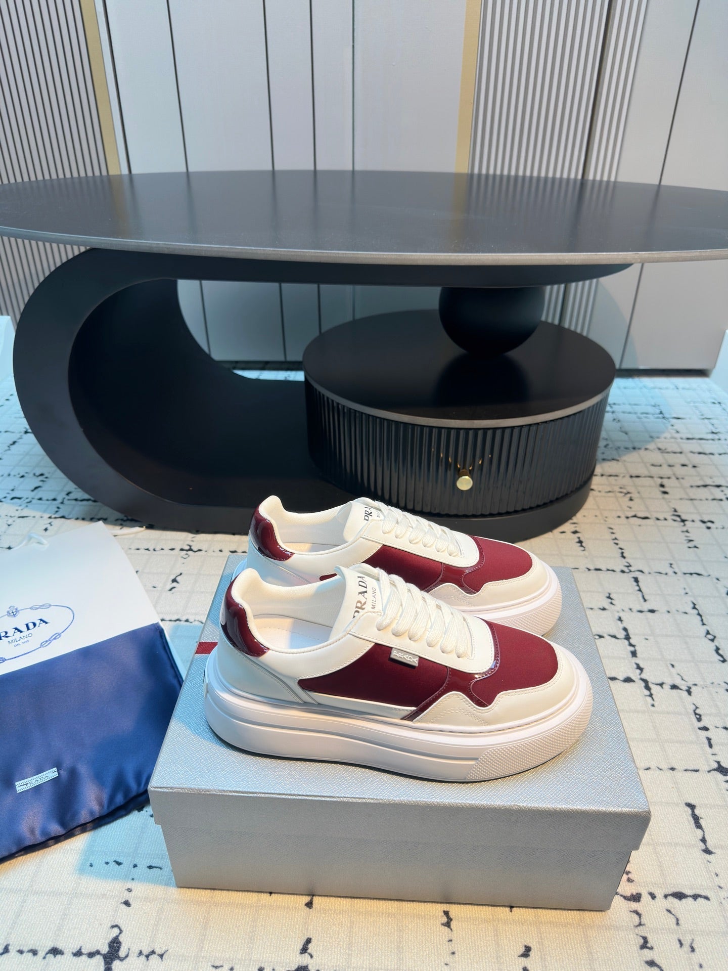 Prada 25s  Platform Sneakers White Red Cowhide 538422