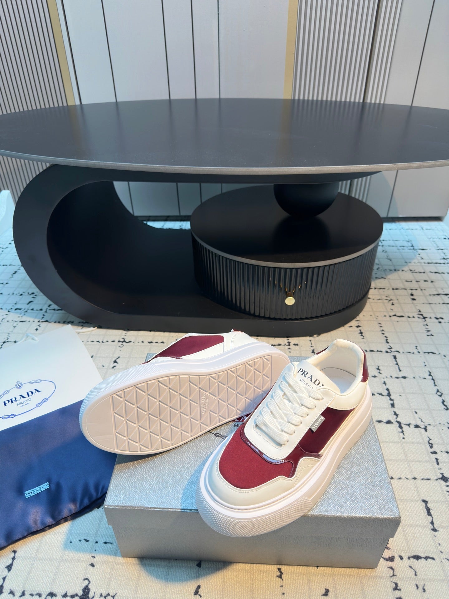 Prada 25s  Platform Sneakers White Red Cowhide 538422