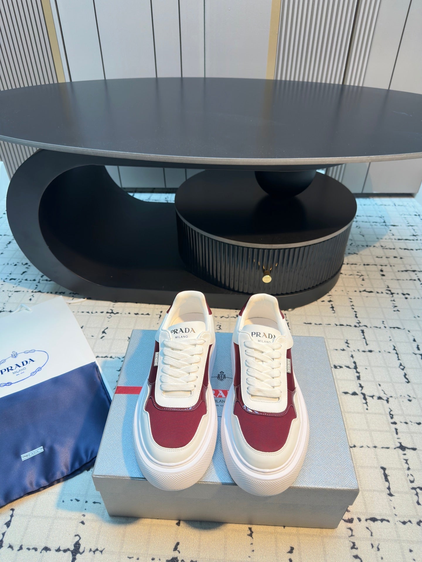 Prada 25s  Platform Sneakers White Red Cowhide 538422