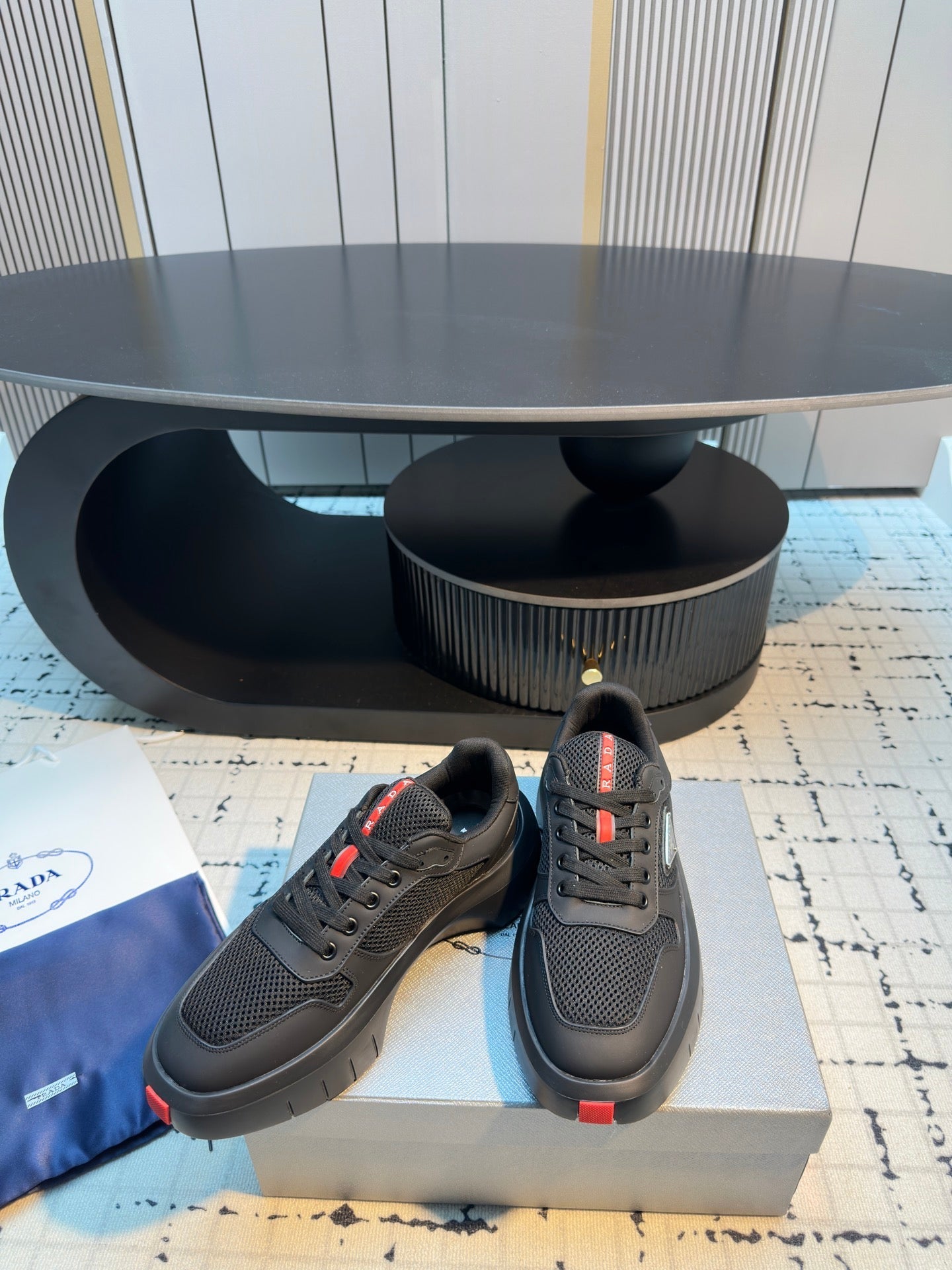 Prada 25s  Platform Sneakers Black Cowhide 538424