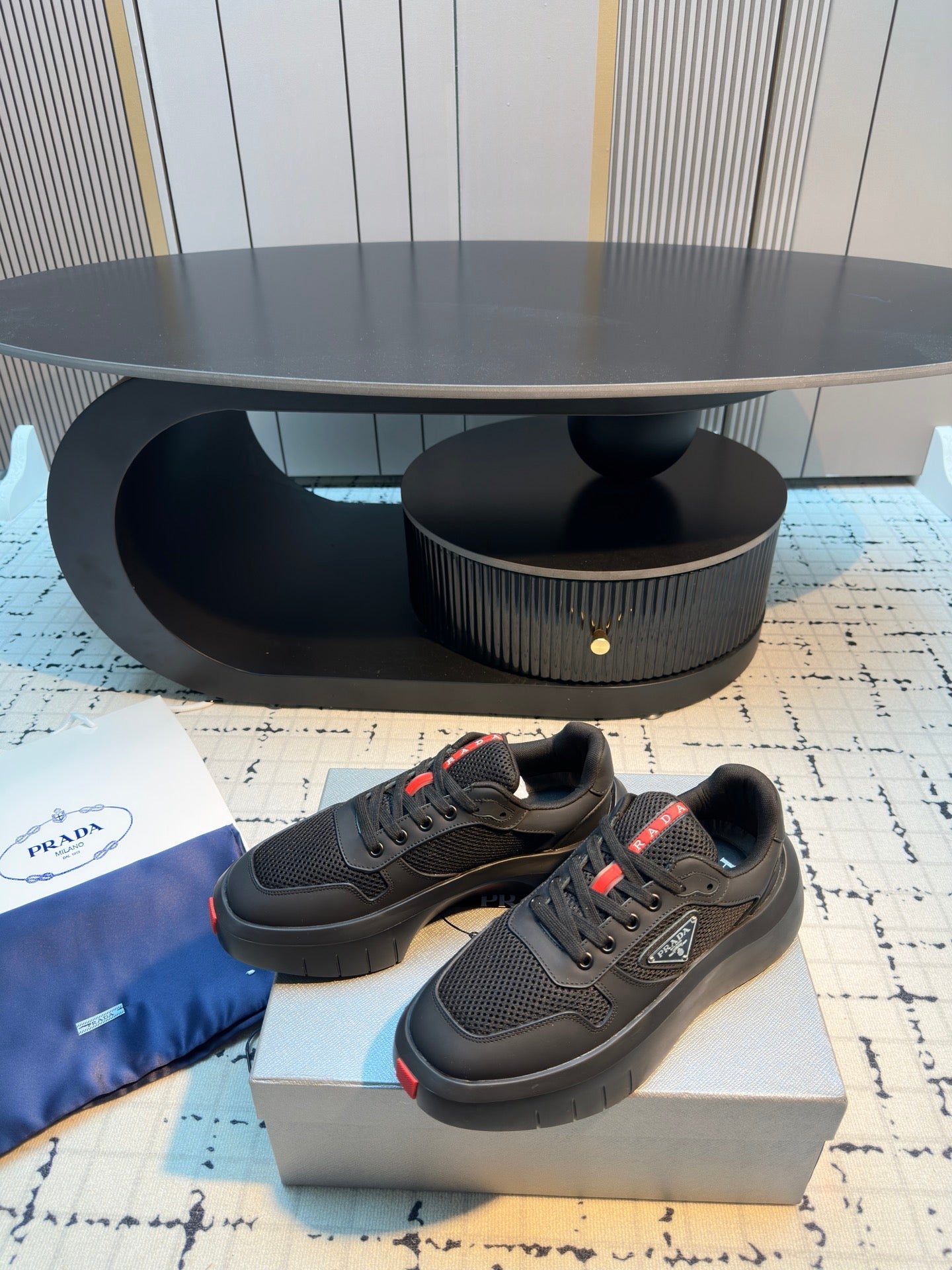 Prada 25s  Platform Sneakers Black Cowhide 538424