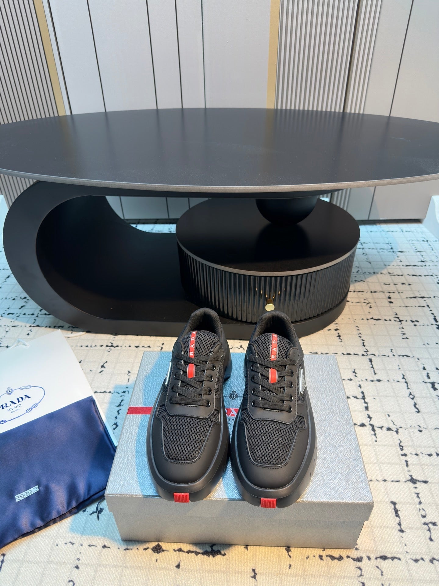 Prada 25s  Platform Sneakers Black Cowhide 538424