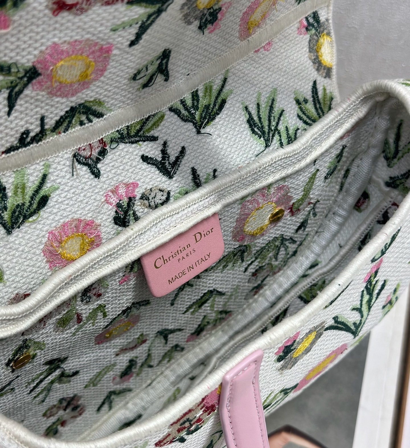 Dior 2026 Pink Flower Saddle Bag 25.5cm White Mix Colors Canvas Leather 154974