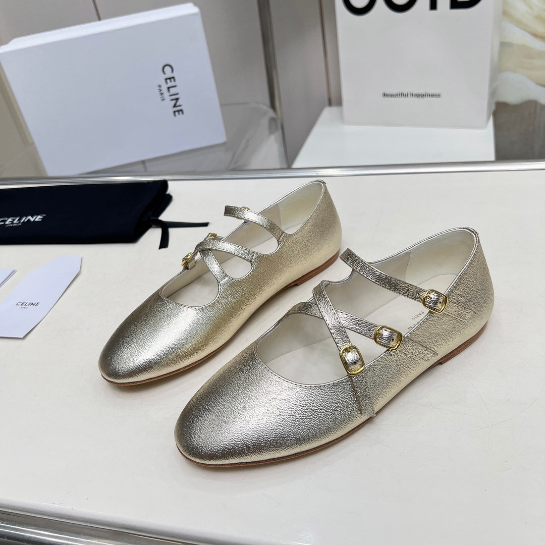 BALLET FLAT WITH CROSSOVER STRAP IN LIGHT GOLD LAMBSKIN