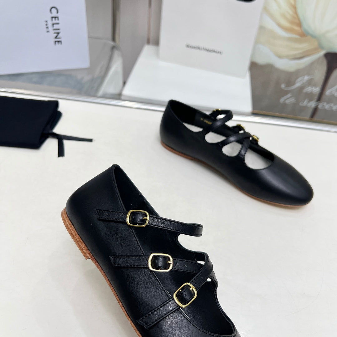 BALLET FLAT WITH CROSSOVER STRAP IN BLACK LAMBSKIN