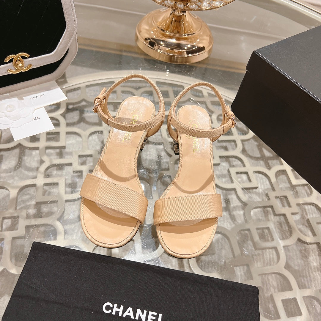 CC 25C 5CM Mid Heed Sandals Cream Fabric 213322