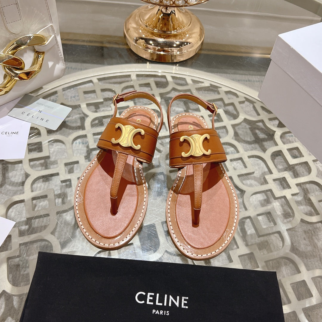 LYMPIA TRIOMPHE THONG IN CALFSKIN CARAMEL BROWN