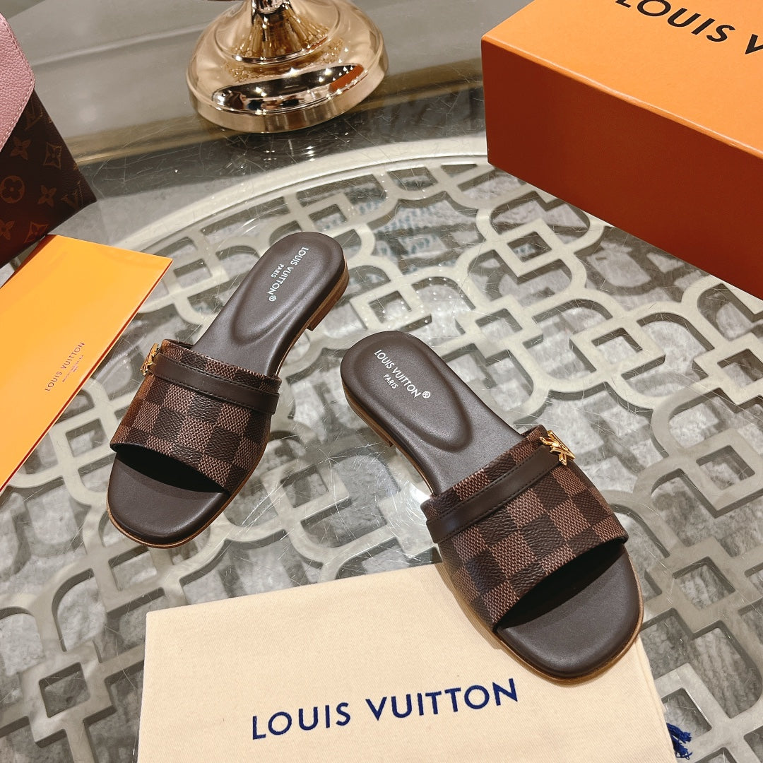 lv sandal isola flat mule brown damier calfskin