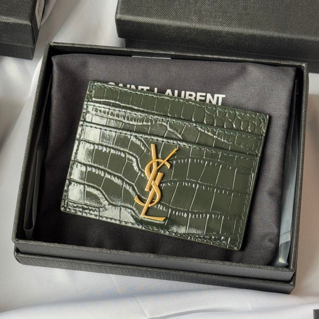 YSL Card Holder 10cm Wallet Dark Green Gold Leather 240561