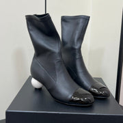 Chanel Double C Giant Pearl Heel Stretch Boots Black Sheepskin 441707