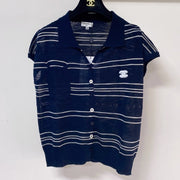 Chanel 2026 Polo Knit Top Navy Flax Lelin With CC Logo 463554
