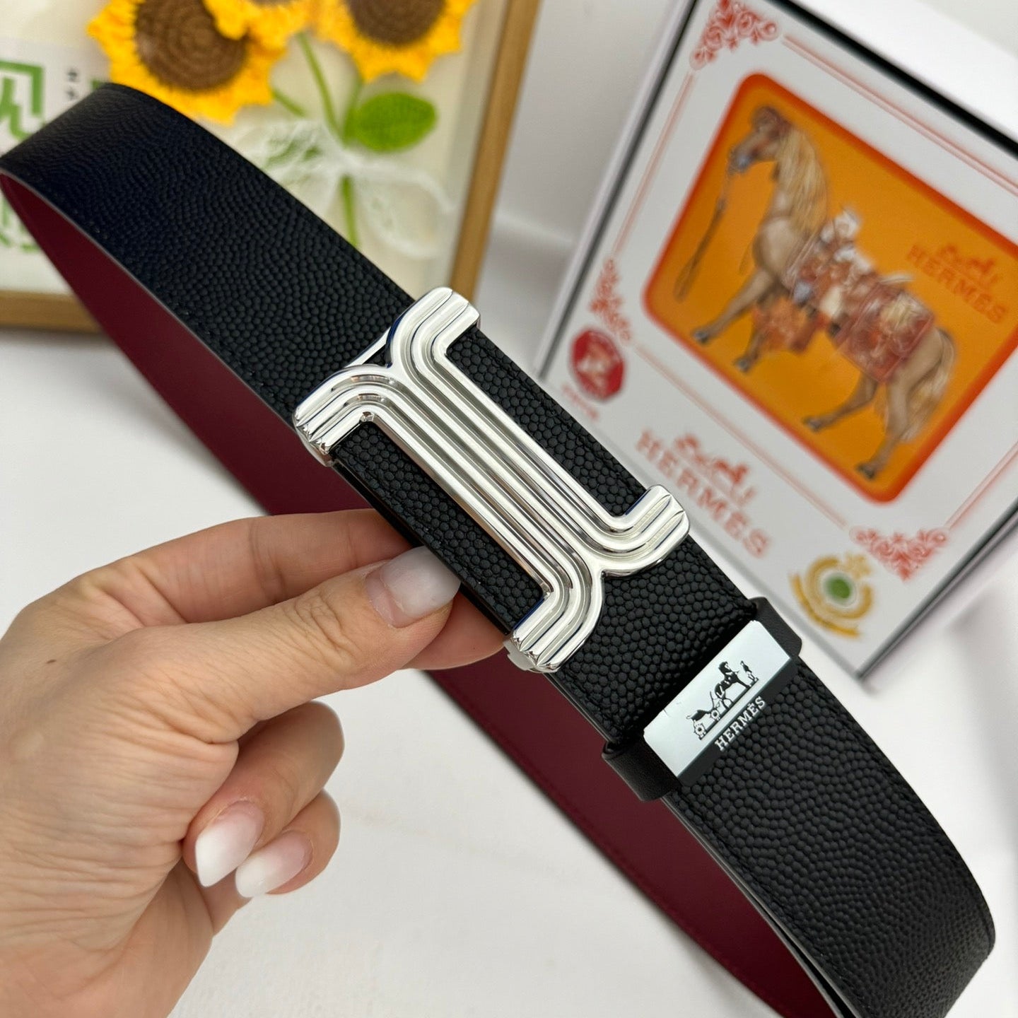 HM Belt 38mm Black Red Cowhide Leather Sliver Buckle 619013