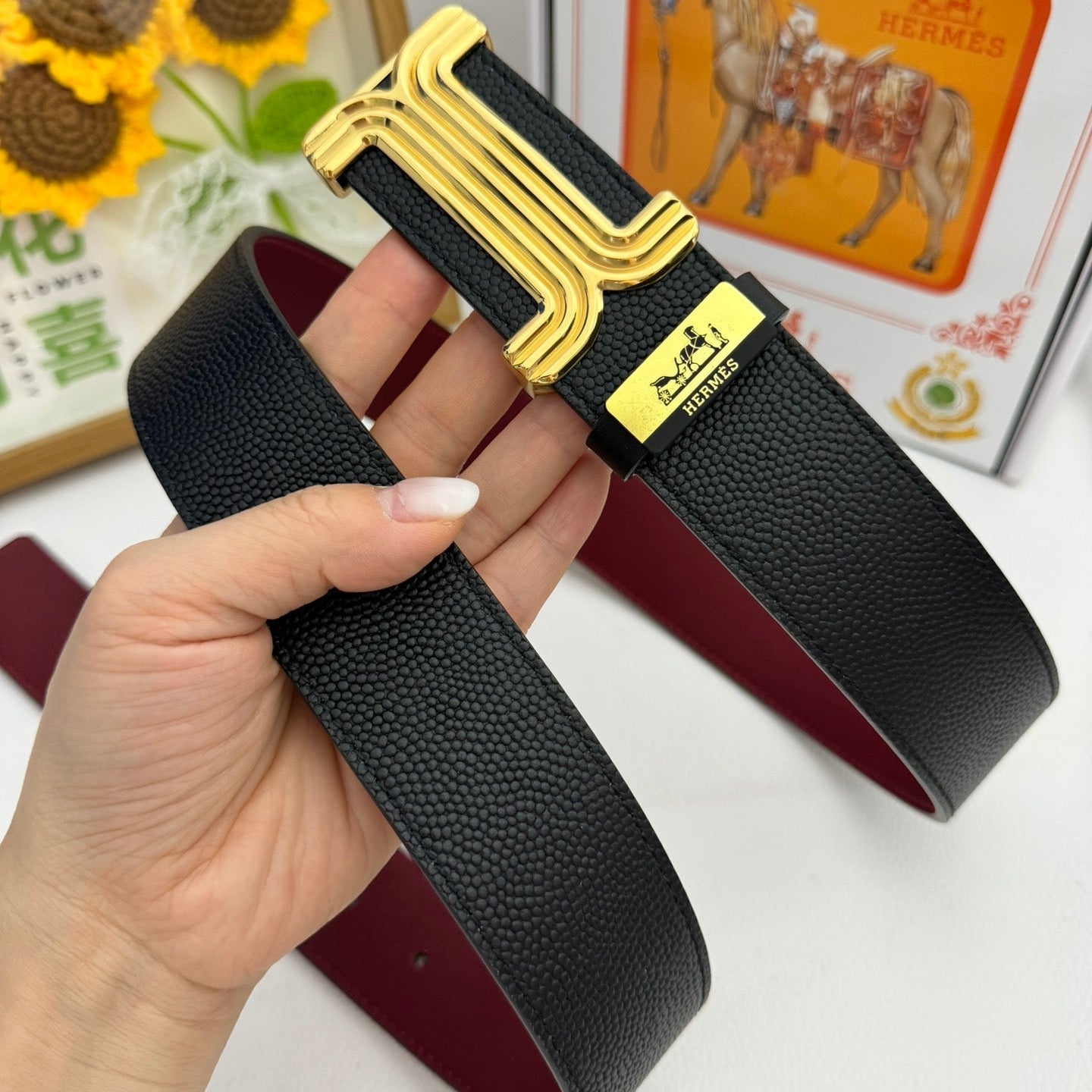 HM Belt 38mm Black Red Cowhide Leather Gold Buckle 619014