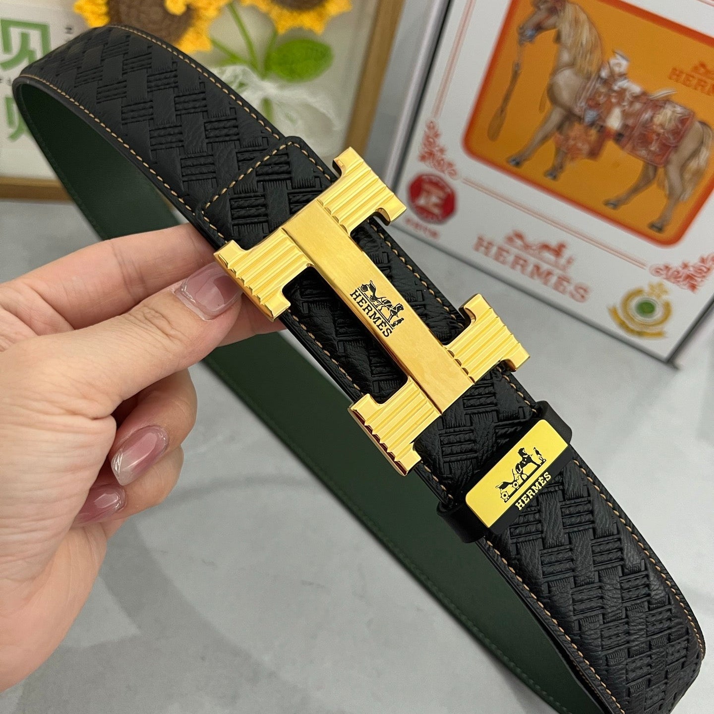 HM Belt 38mm Black Cowhide Leather Gold Buckle 618971
