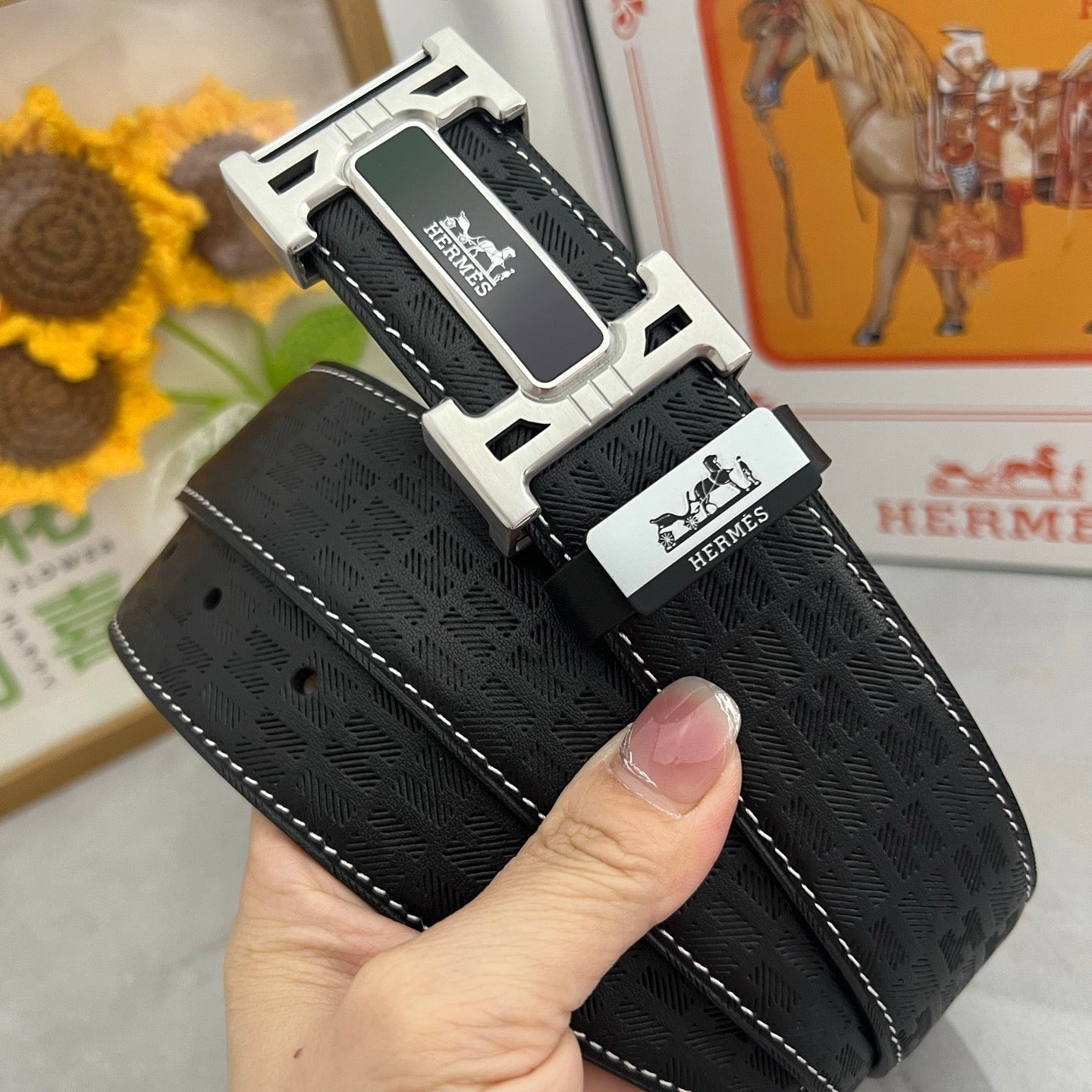 HM Constance Belt 38mm Black Cowhide Sliver Buckle 619788